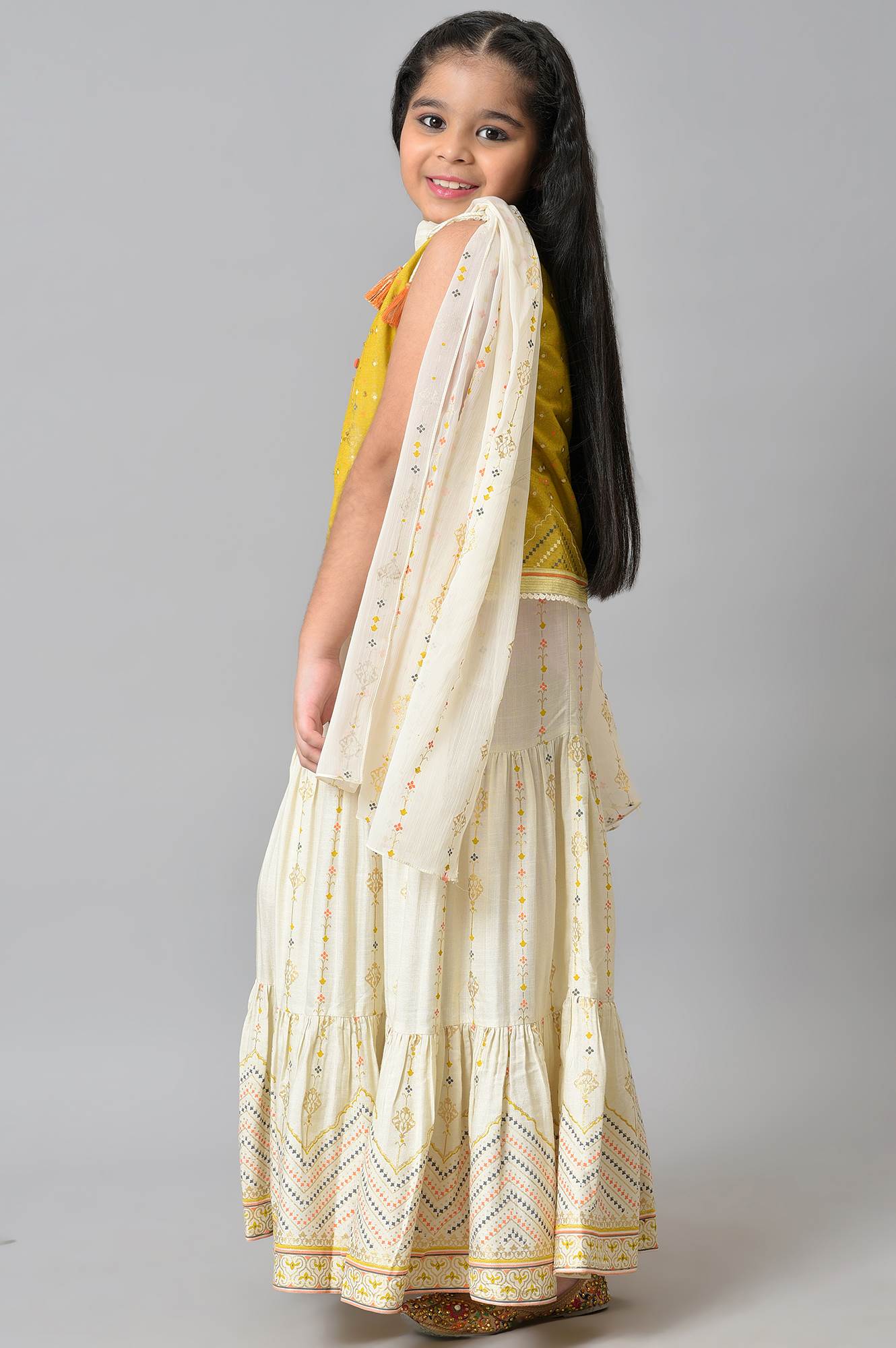 Girls Yellow Printed Sleeveless Top With White Printed Skirt And Dupatta