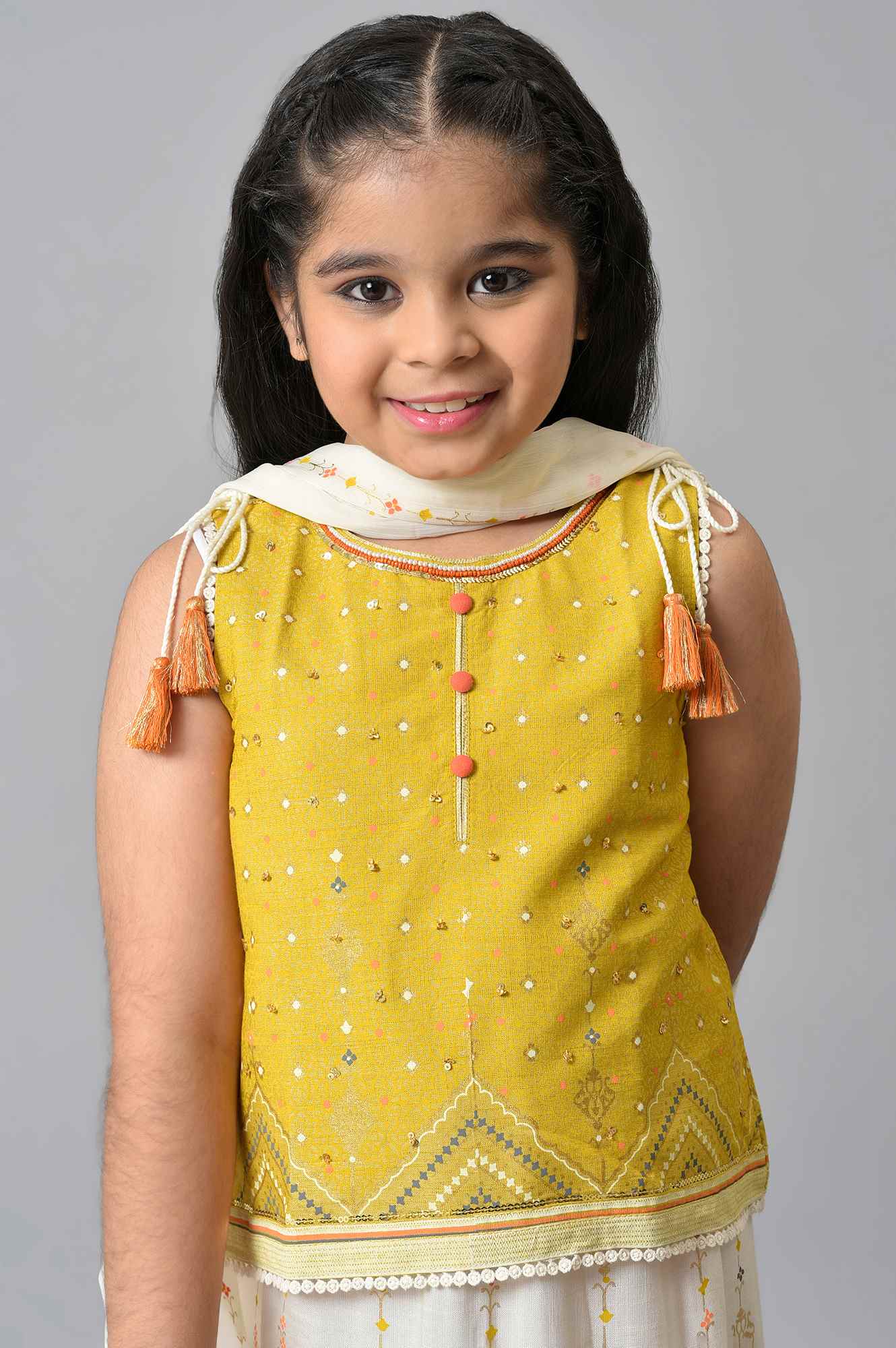 Girls Yellow Printed Sleeveless Top With White Printed Skirt And Dupatta