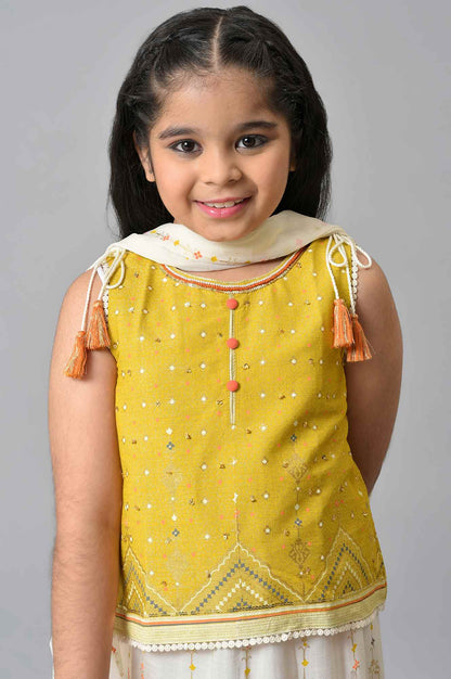 Girls Yellow Printed Sleeveless Top With White Printed Skirt And Dupatta