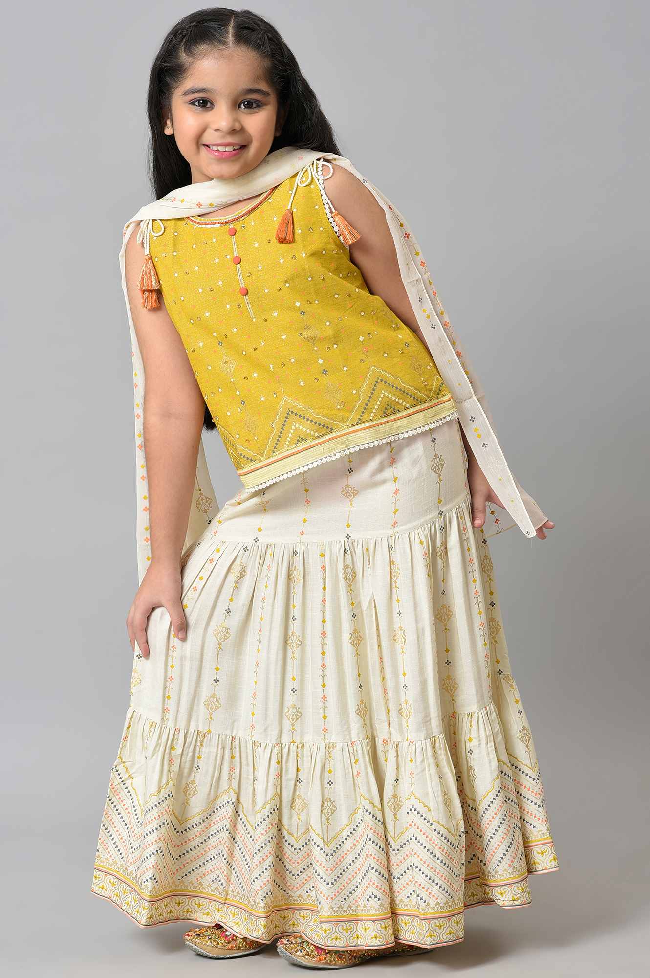 Girls Yellow Printed Sleeveless Top With White Printed Skirt And Dupatta