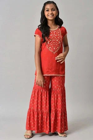LIVA Girls Red Floral Printed Top and Sharara - 14-15