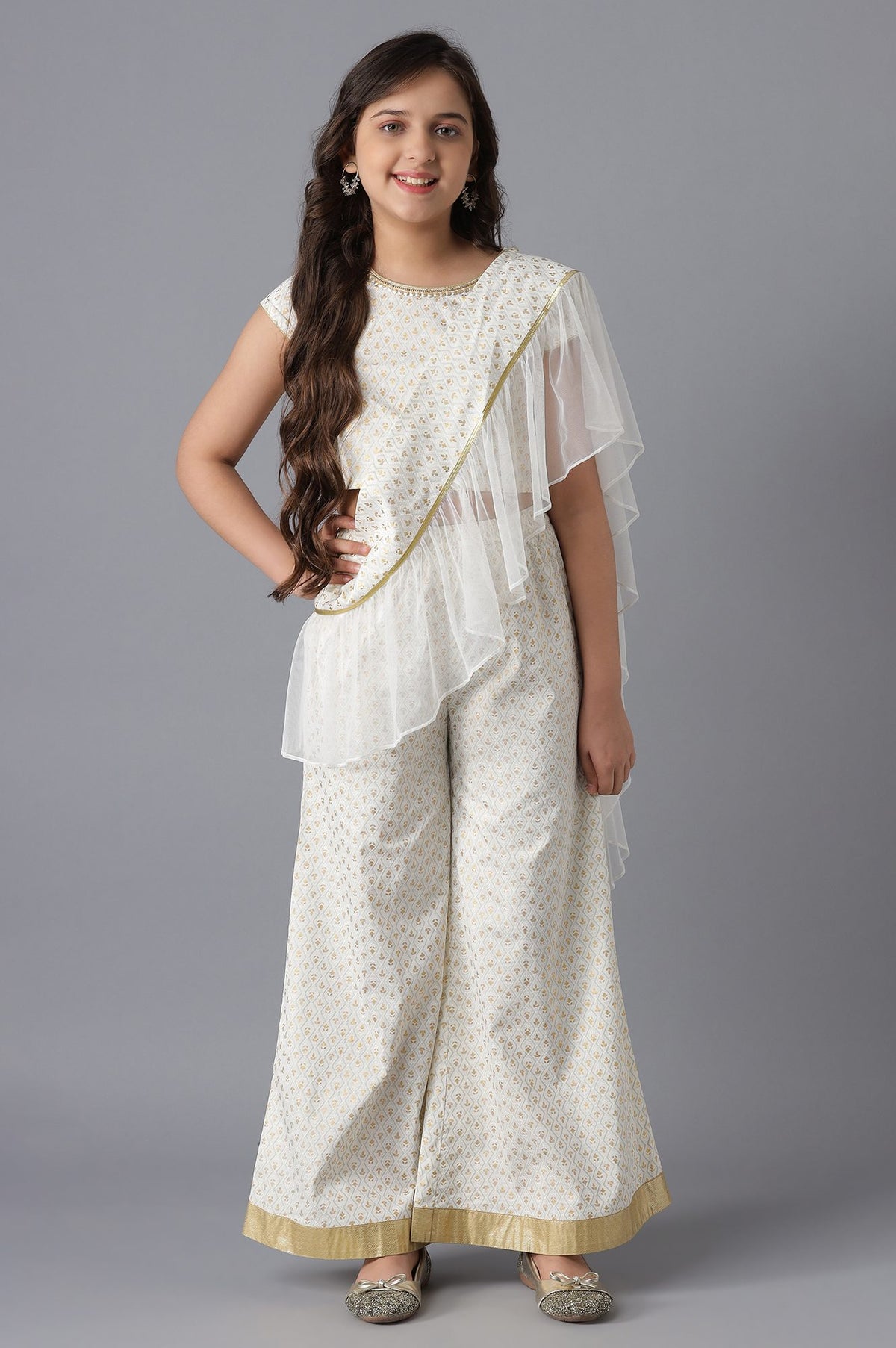 White Top and Flared Palazzo Girls Set - 08-09