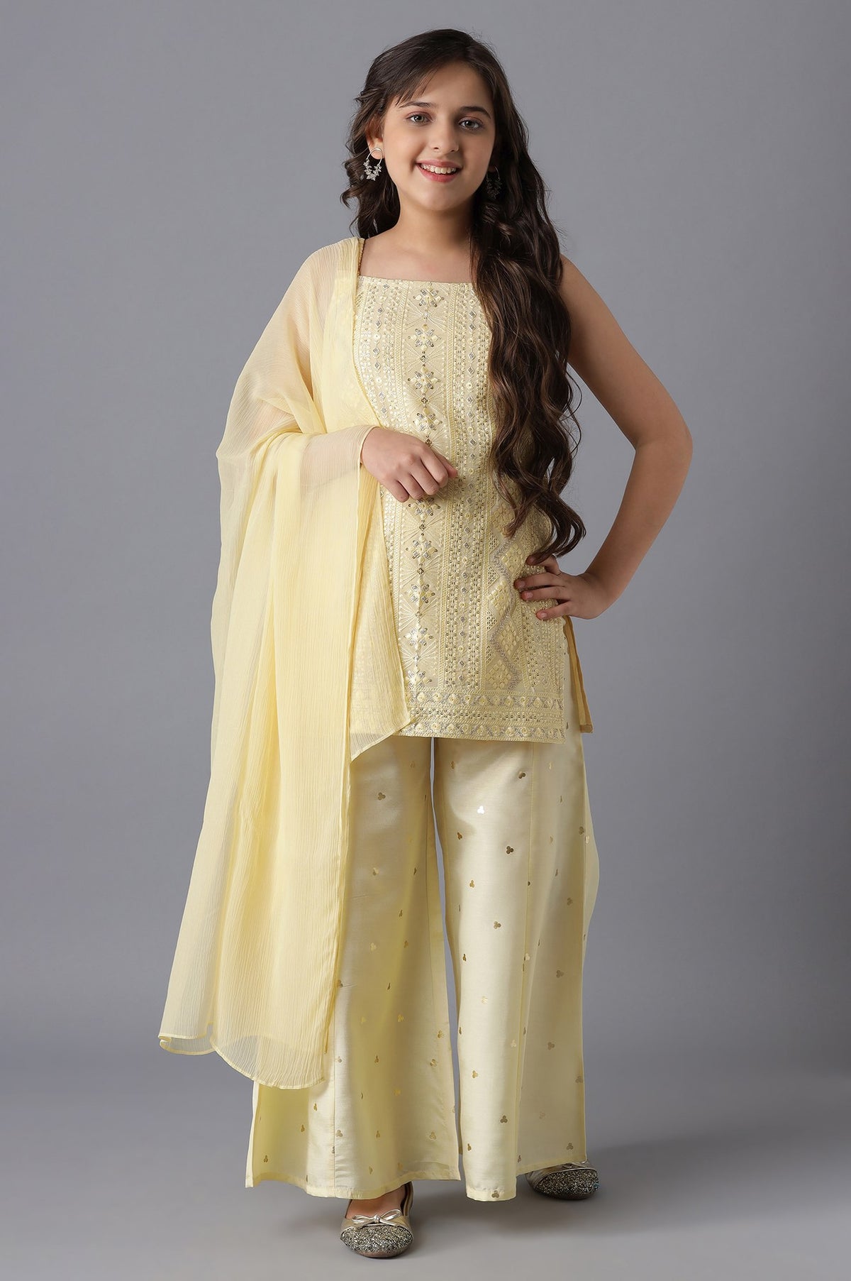 Pastel Yellow kurta and Palazzo Girls Set - 8-9