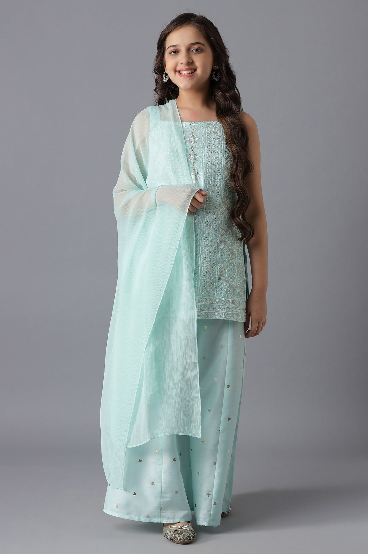 Pastel Blue kurta and Palazzo Girls Set - 14-15