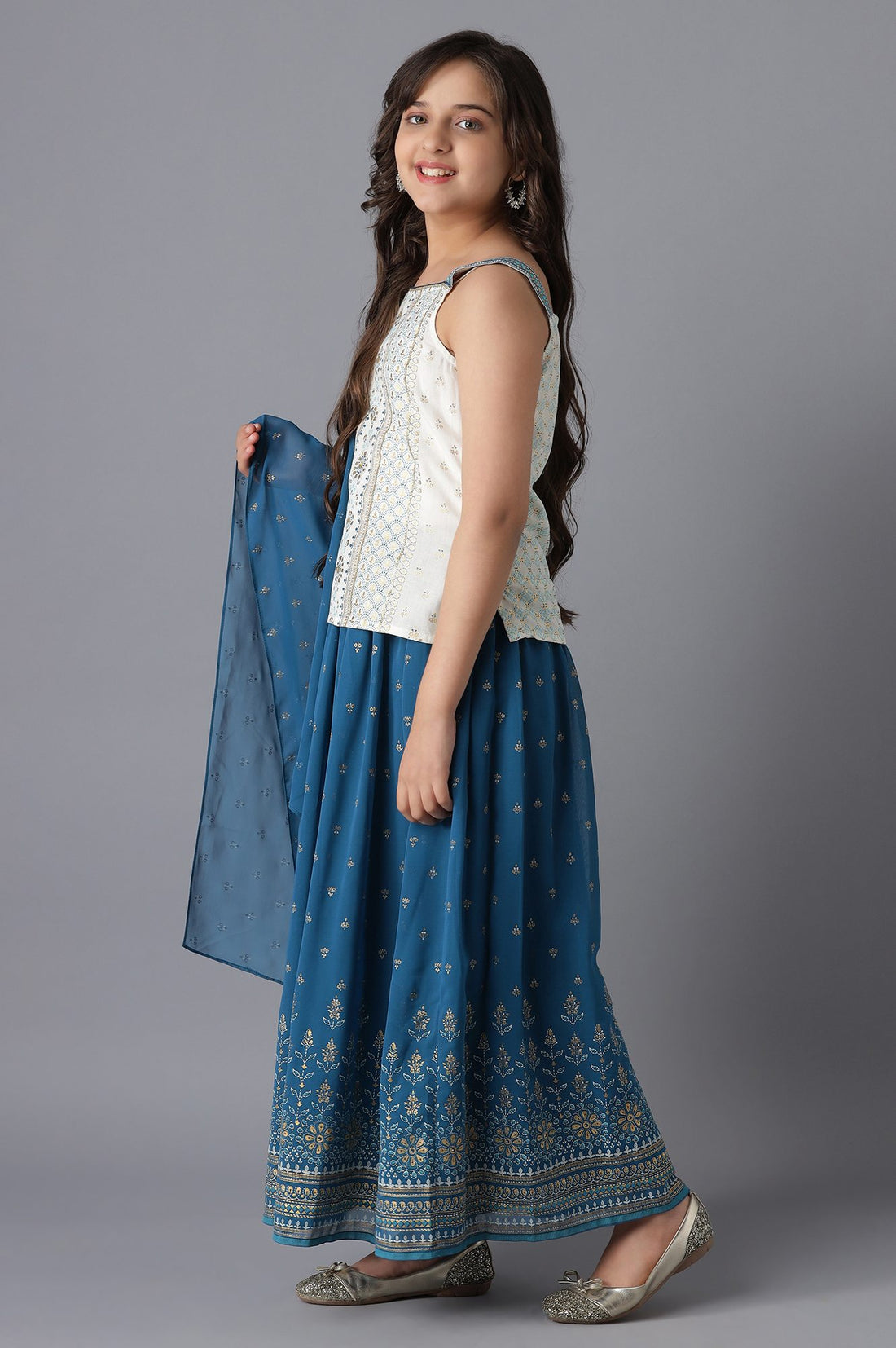 White Top and Blue Skirt Girls Set