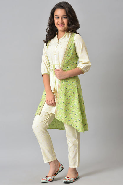 Girls Green Embellished Gillet With Natural kurta And Trousers