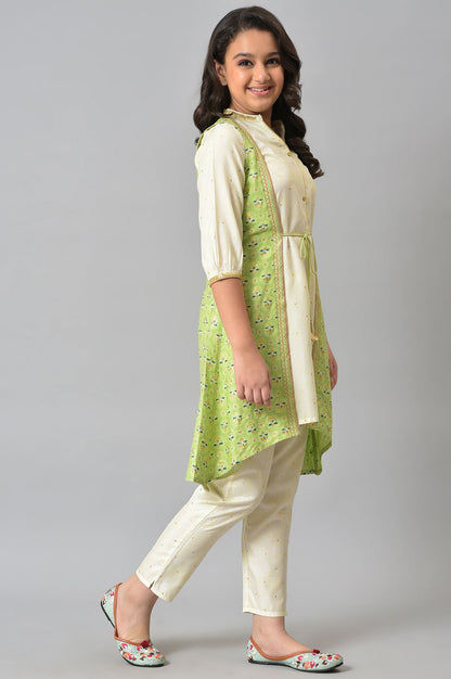 Girls Green Embellished Gillet With Natural kurta And Trousers