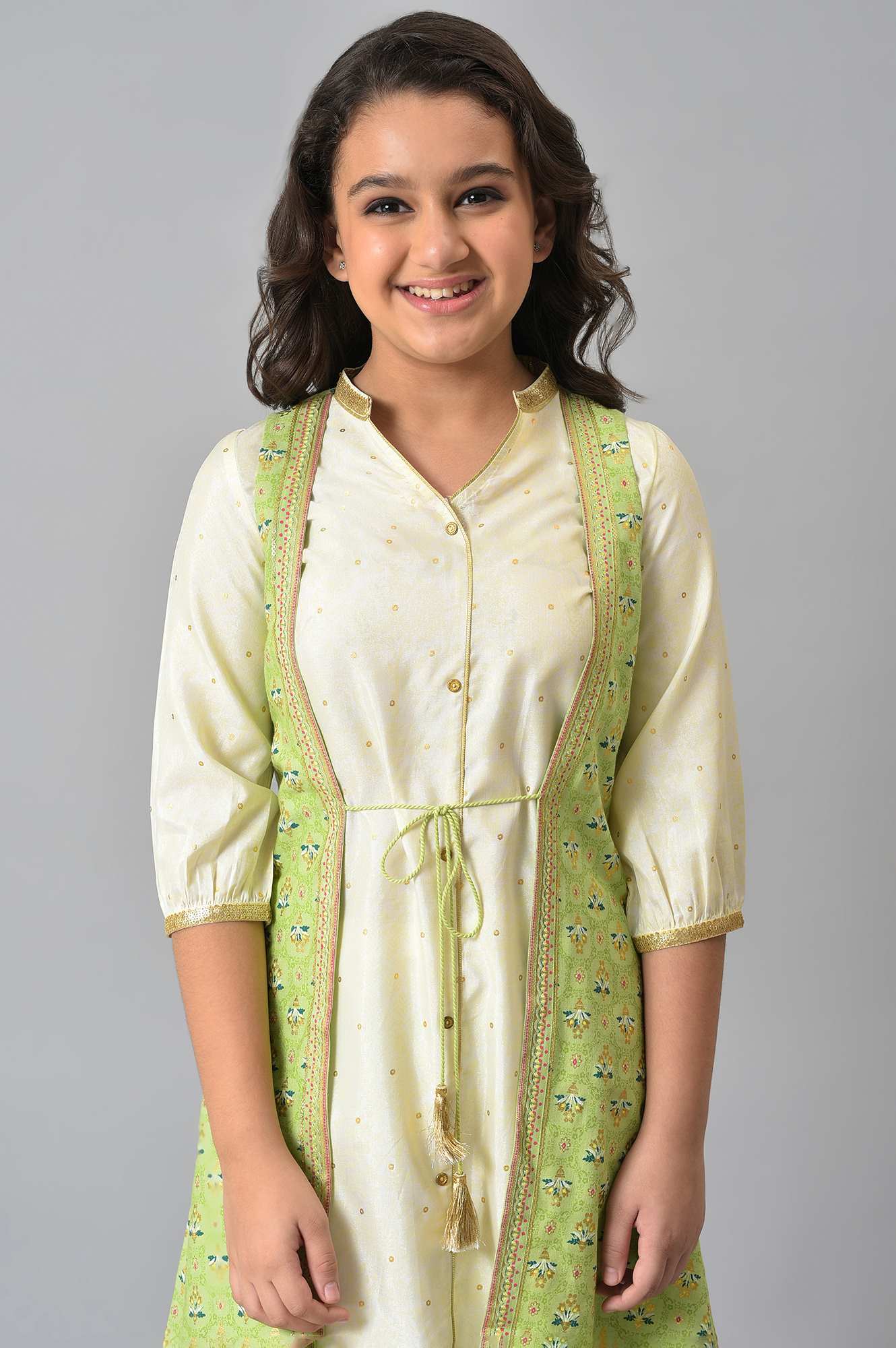 Girls Green Embellished Gillet With Natural kurta And Trousers