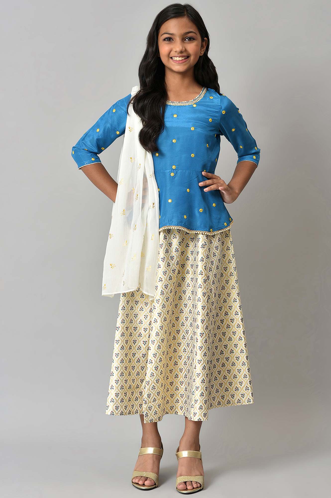 LIVA Girls Mirror Embroidered Top with White Skirt and Dupatta