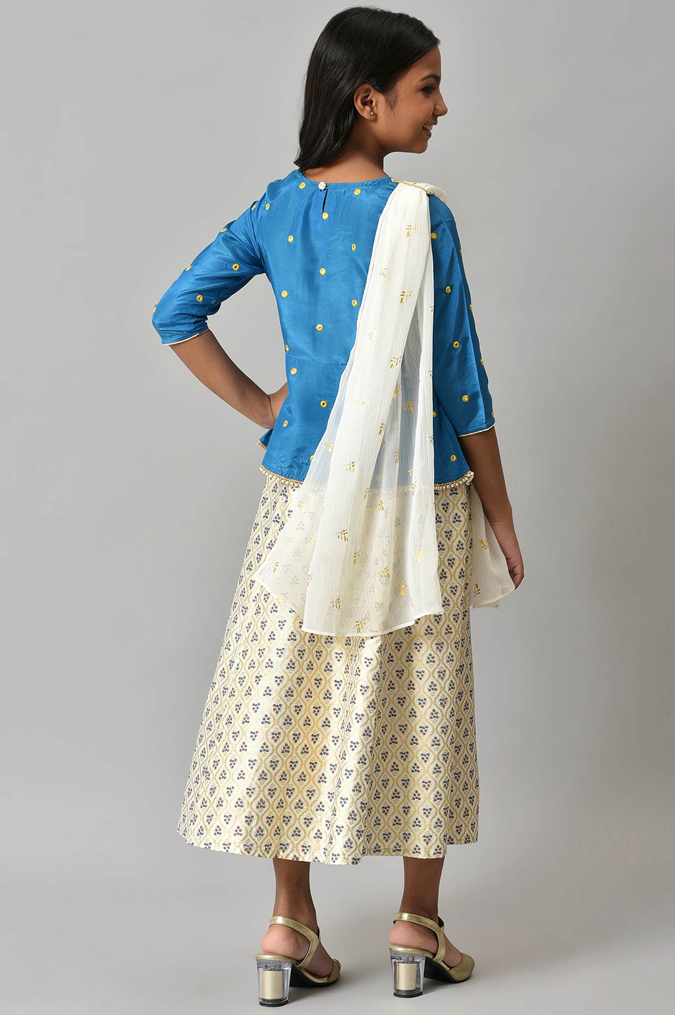 LIVA Girls Mirror Embroidered Top with White Skirt and Dupatta