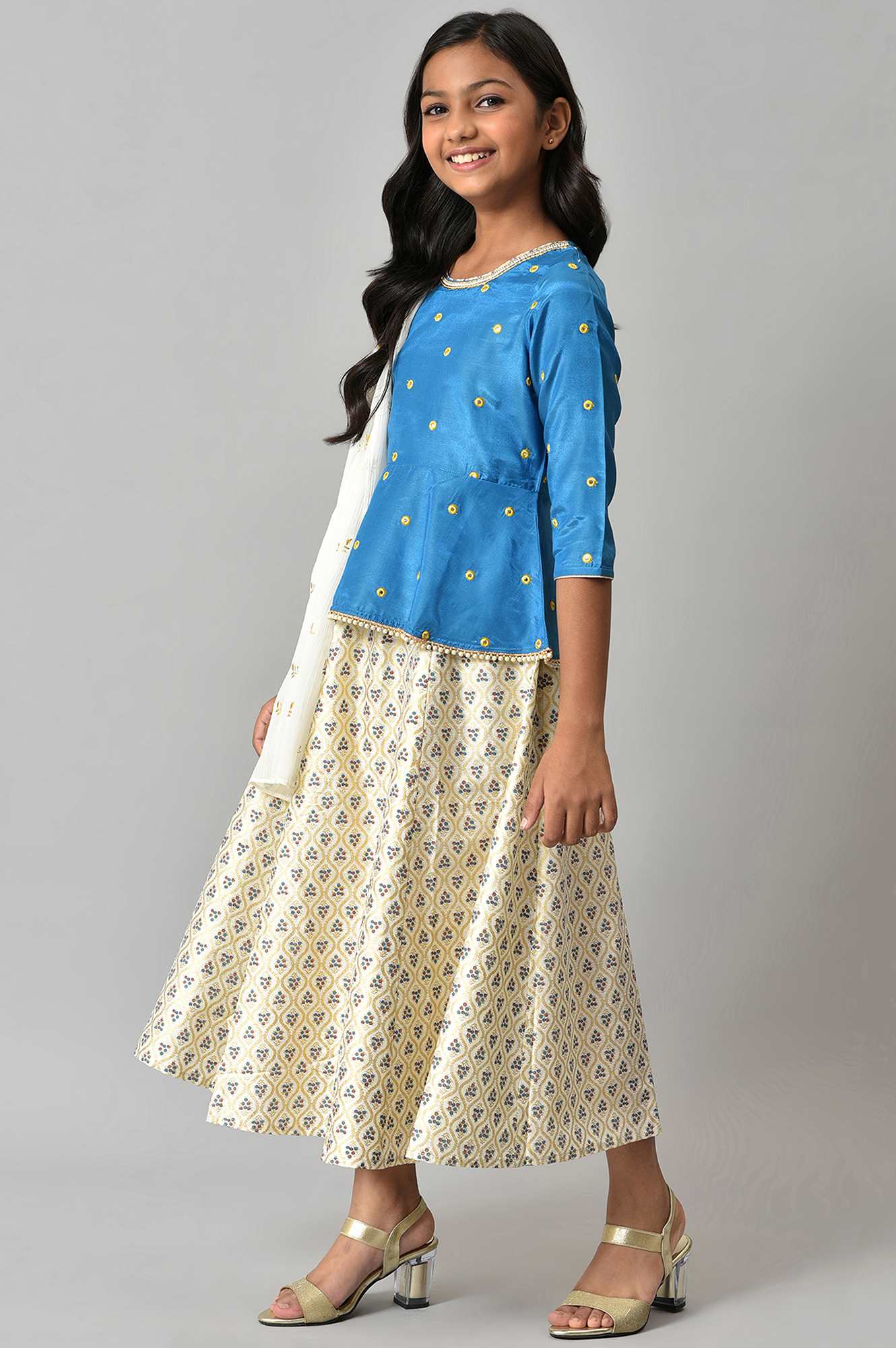 LIVA Girls Mirror Embroidered Top with White Skirt and Dupatta