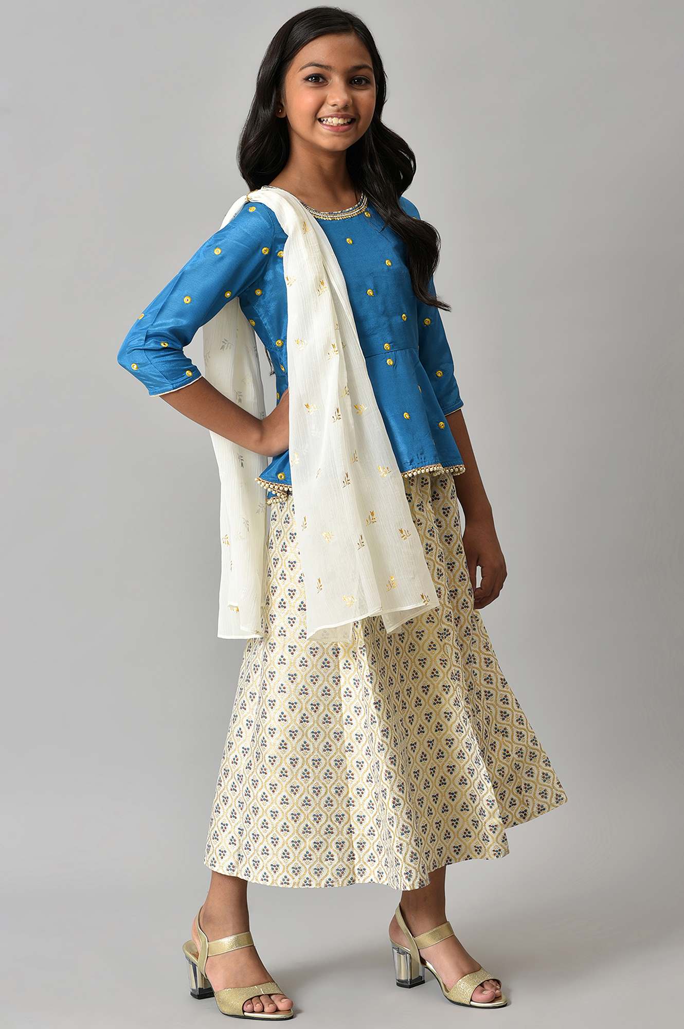 LIVA Girls Mirror Embroidered Top with White Skirt and Dupatta