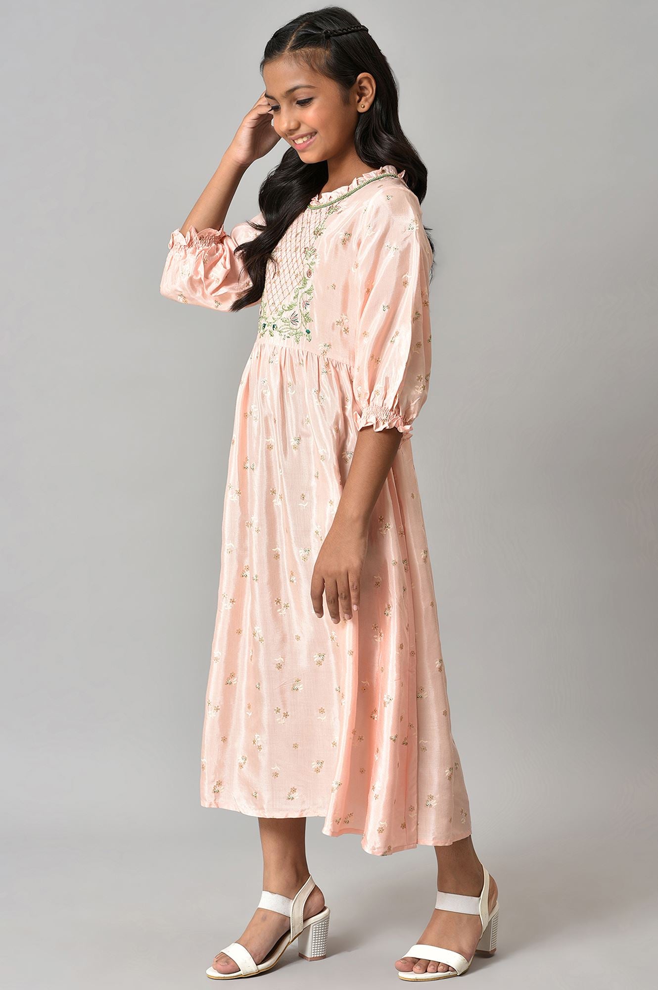 Girls Pink Thread Embroidered Dress