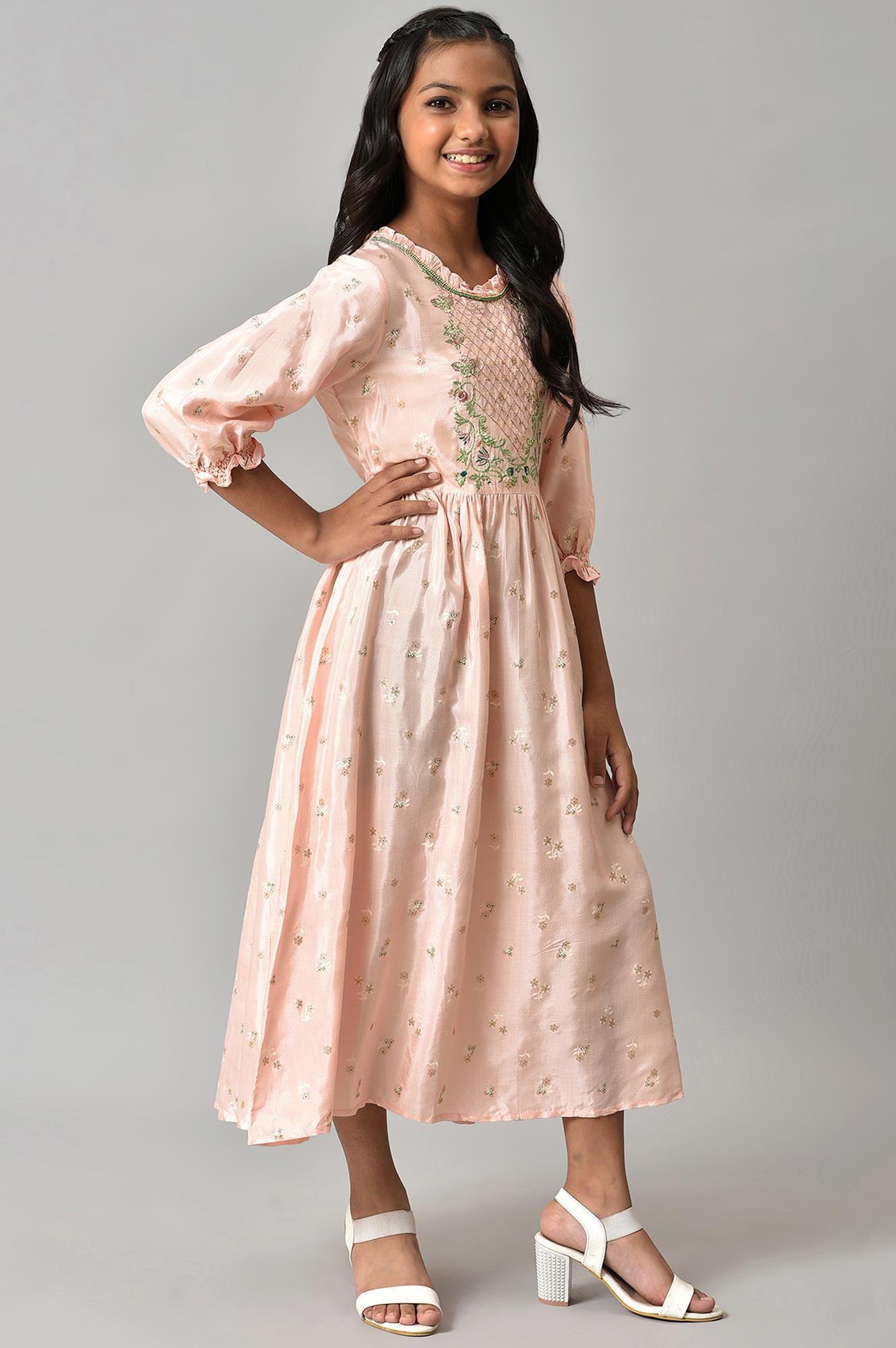 Girls Pink Thread Embroidered Dress