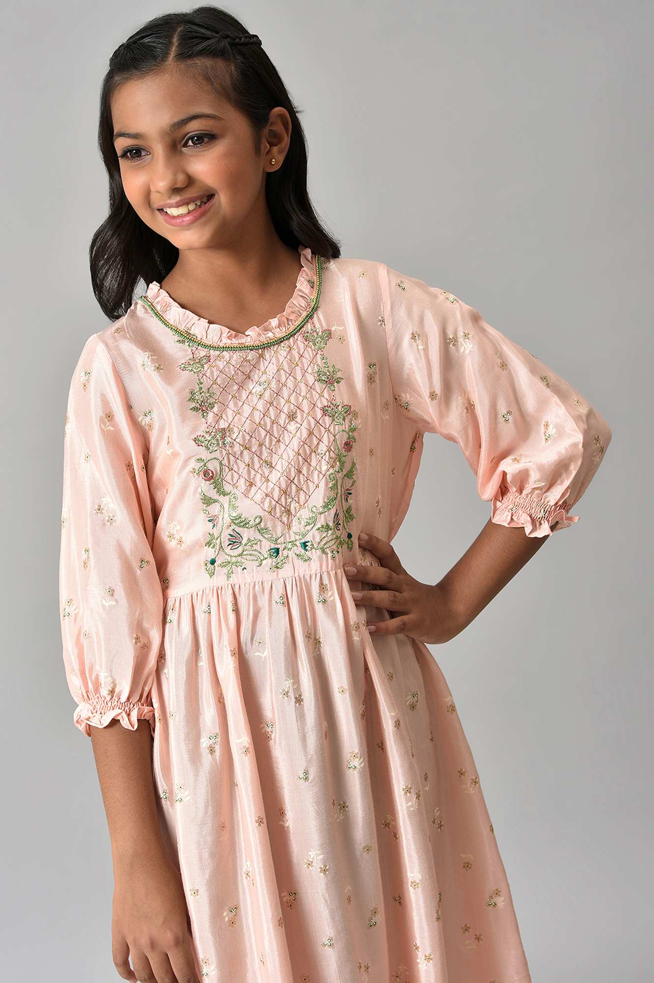 Girls Pink Thread Embroidered Dress