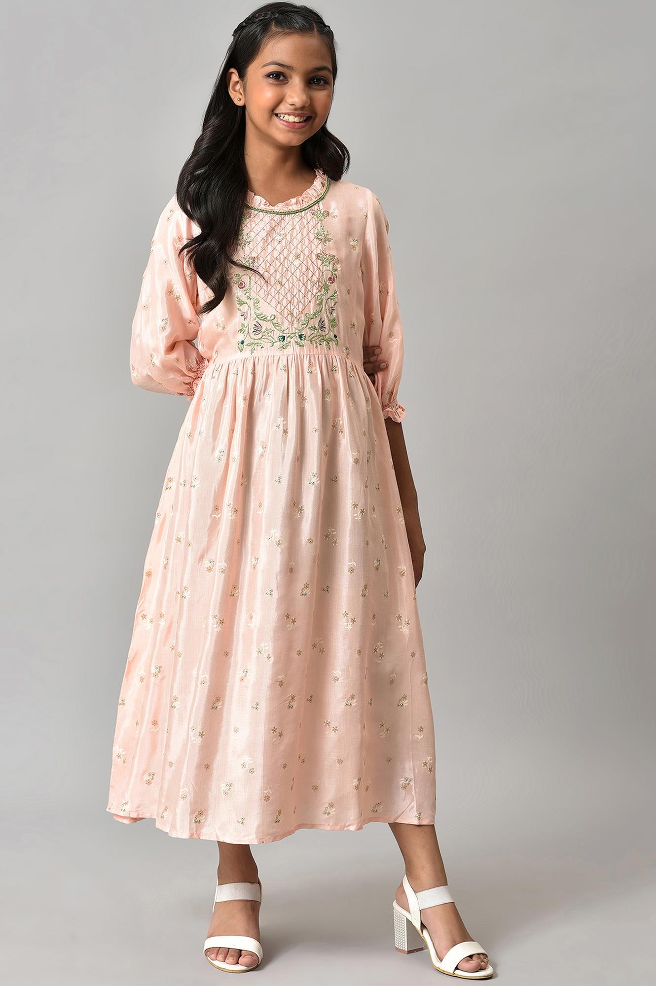 Girls Pink Thread Embroidered Dress