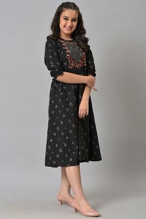 Black Embroidered Floral Print Flared Dress