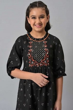 Black Embroidered Floral Print Flared Dress