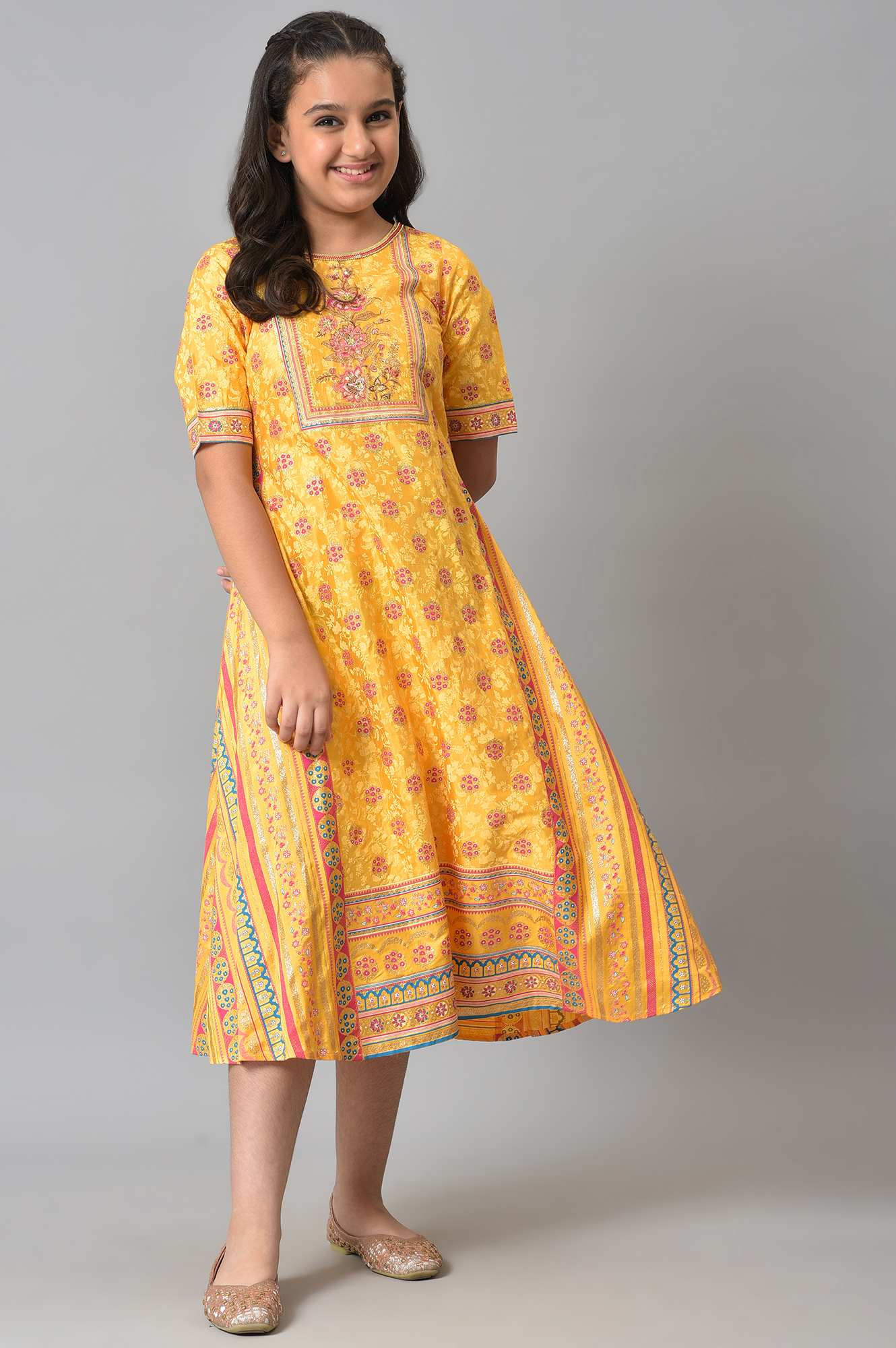 Girls LIVA Yellow Floral Printed Festive Dress