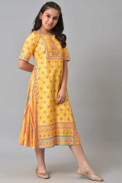 Girls LIVA Yellow Floral Printed Festive Dress