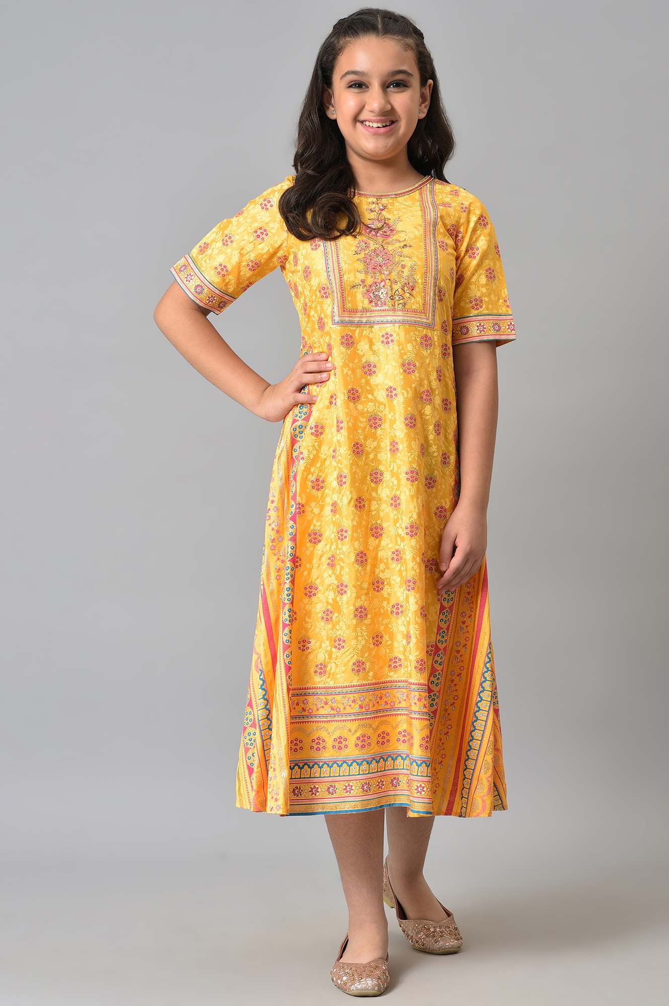 Girls LIVA Yellow Floral Printed Festive Dress