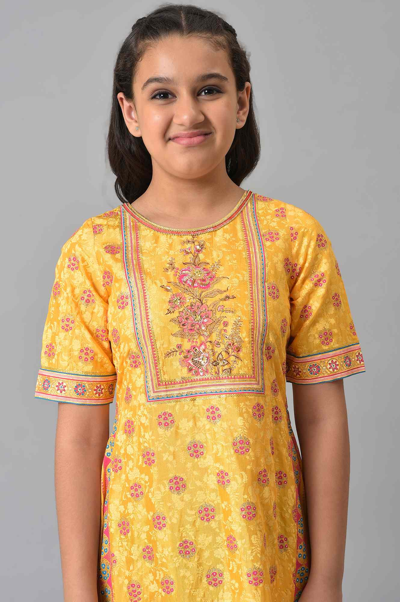 Girls LIVA Yellow Floral Printed Festive Dress