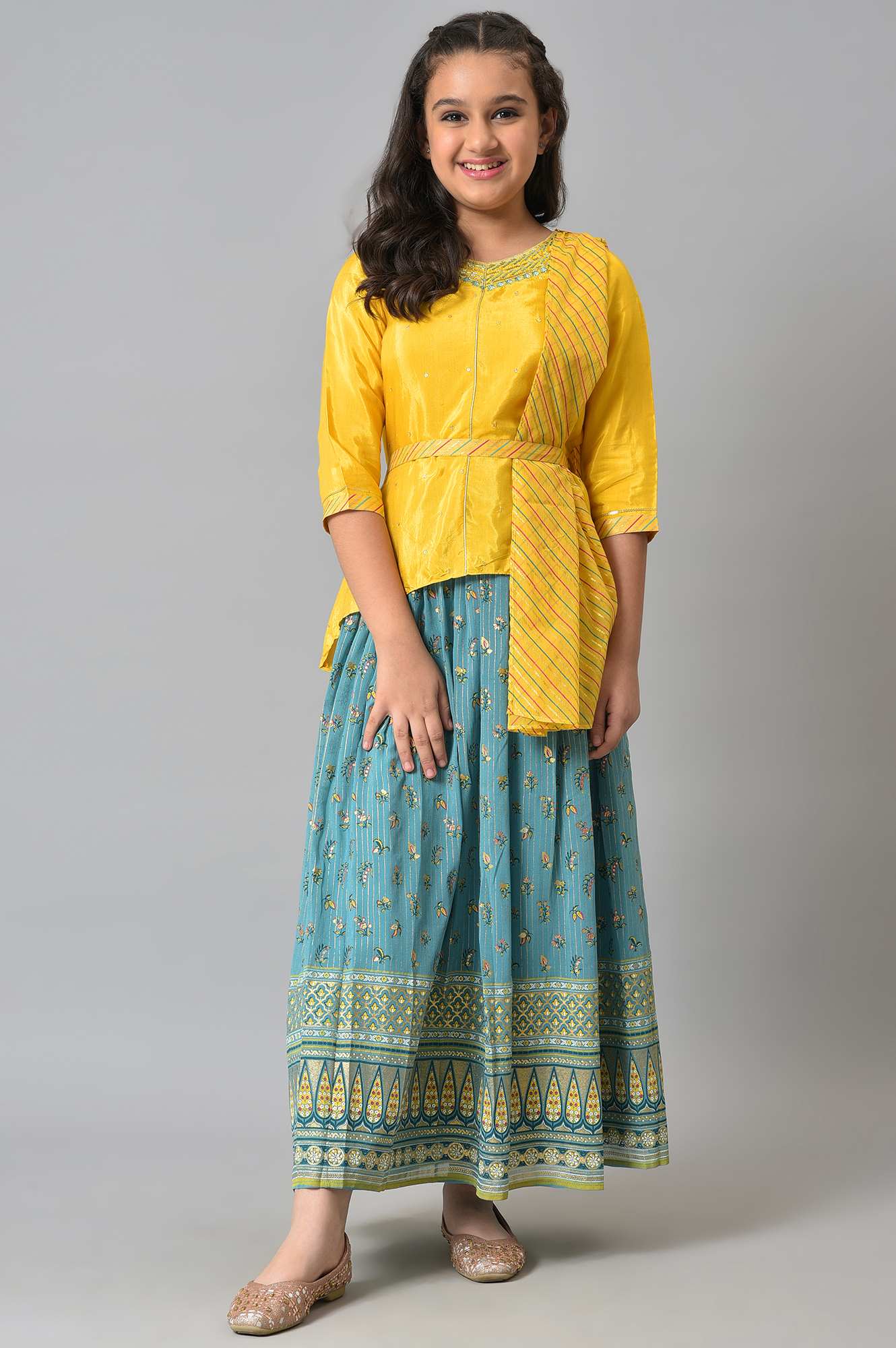 Girls Yellow Embroidered kurta With Printed Green Skirt And Dupatta