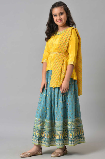 Girls Yellow Embroidered kurta With Printed Green Skirt And Dupatta