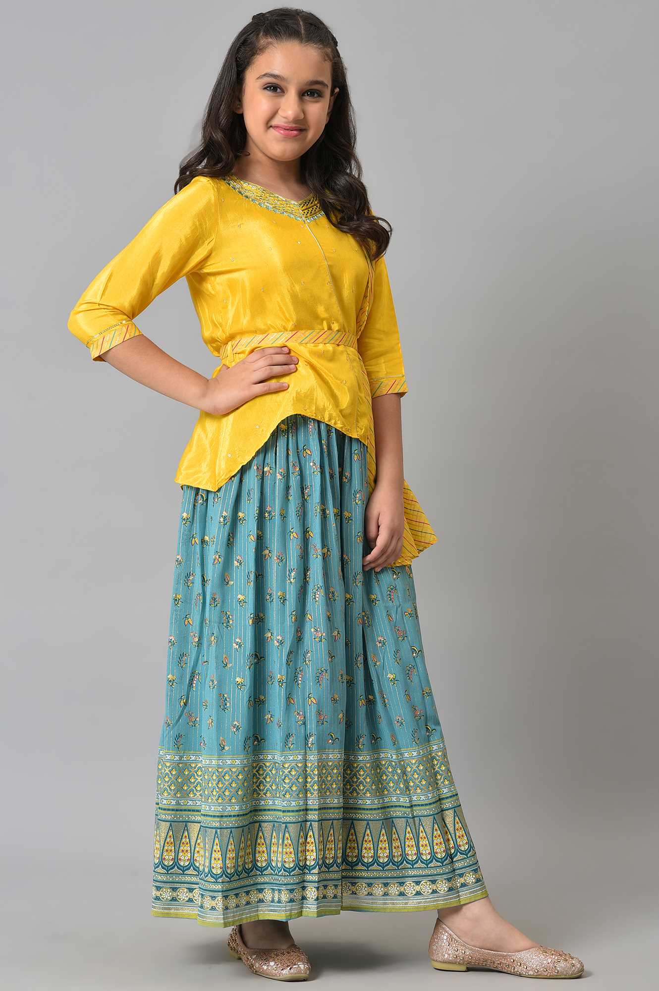 Girls Yellow Embroidered kurta With Printed Green Skirt And Dupatta