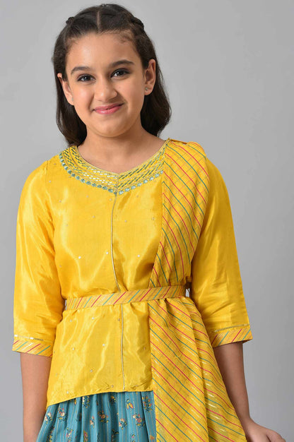 Girls Yellow Embroidered kurta With Printed Green Skirt And Dupatta