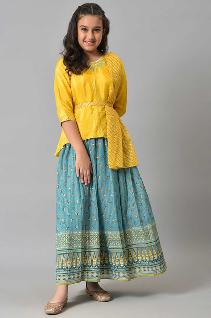 Girls Yellow Embroidered kurta With Printed Green Skirt And Dupatta