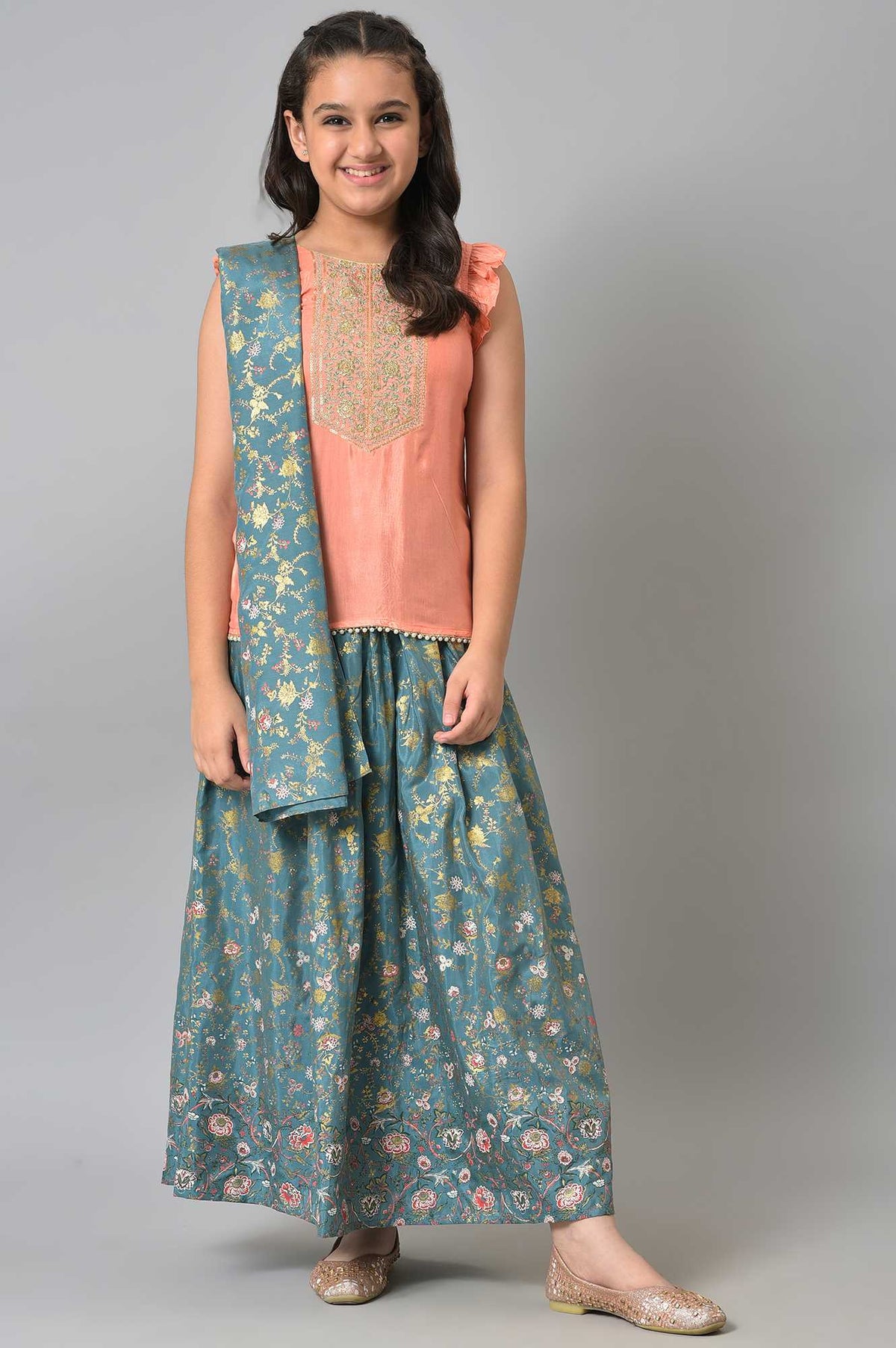 LIVA Girls Peach Embroidered kurta with Green Skirt and Dupatta - 04-05