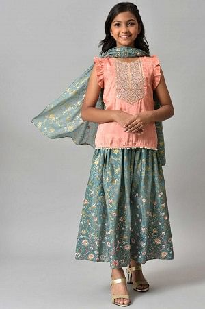 LIVA Girls Peach Embroidered kurta with Green Skirt and Dupatta