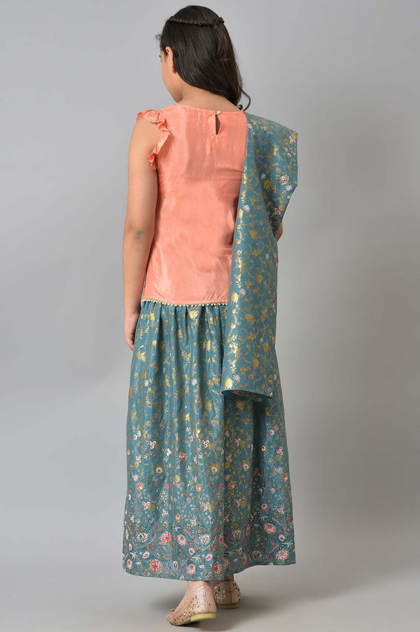 LIVA Girls Peach Embroidered kurta with Green Skirt and Dupatta