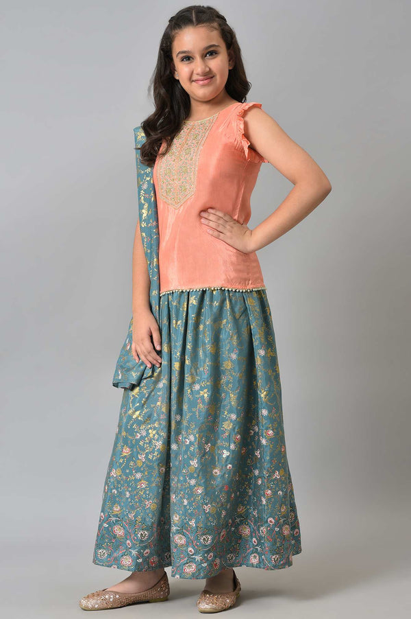 LIVA Girls Peach Embroidered kurta with Green Skirt and Dupatta