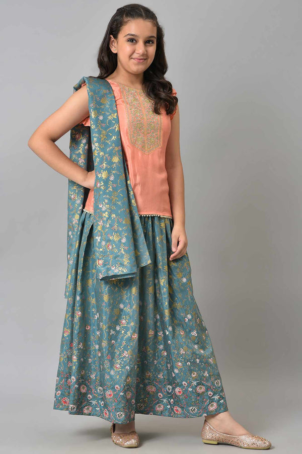 LIVA Girls Peach Embroidered kurta with Green Skirt and Dupatta