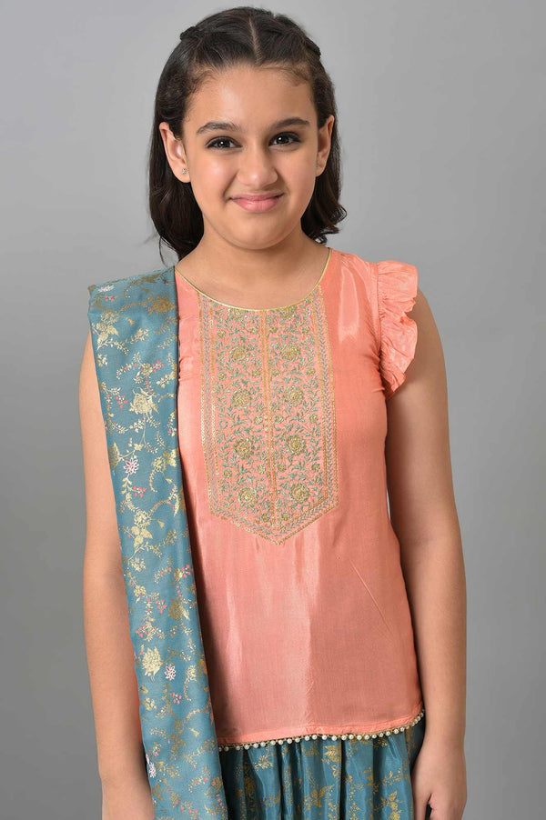 LIVA Girls Peach Embroidered kurta with Green Skirt and Dupatta