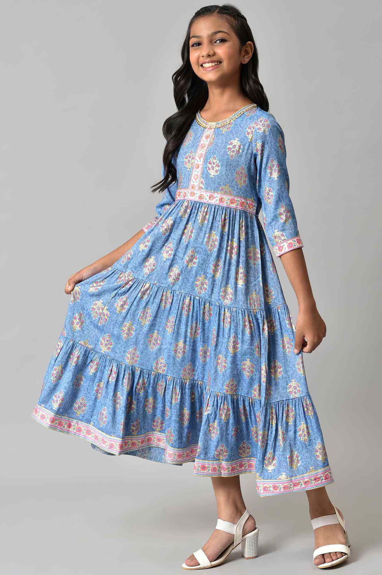 Girls Blue Floral Printed Flared Dress