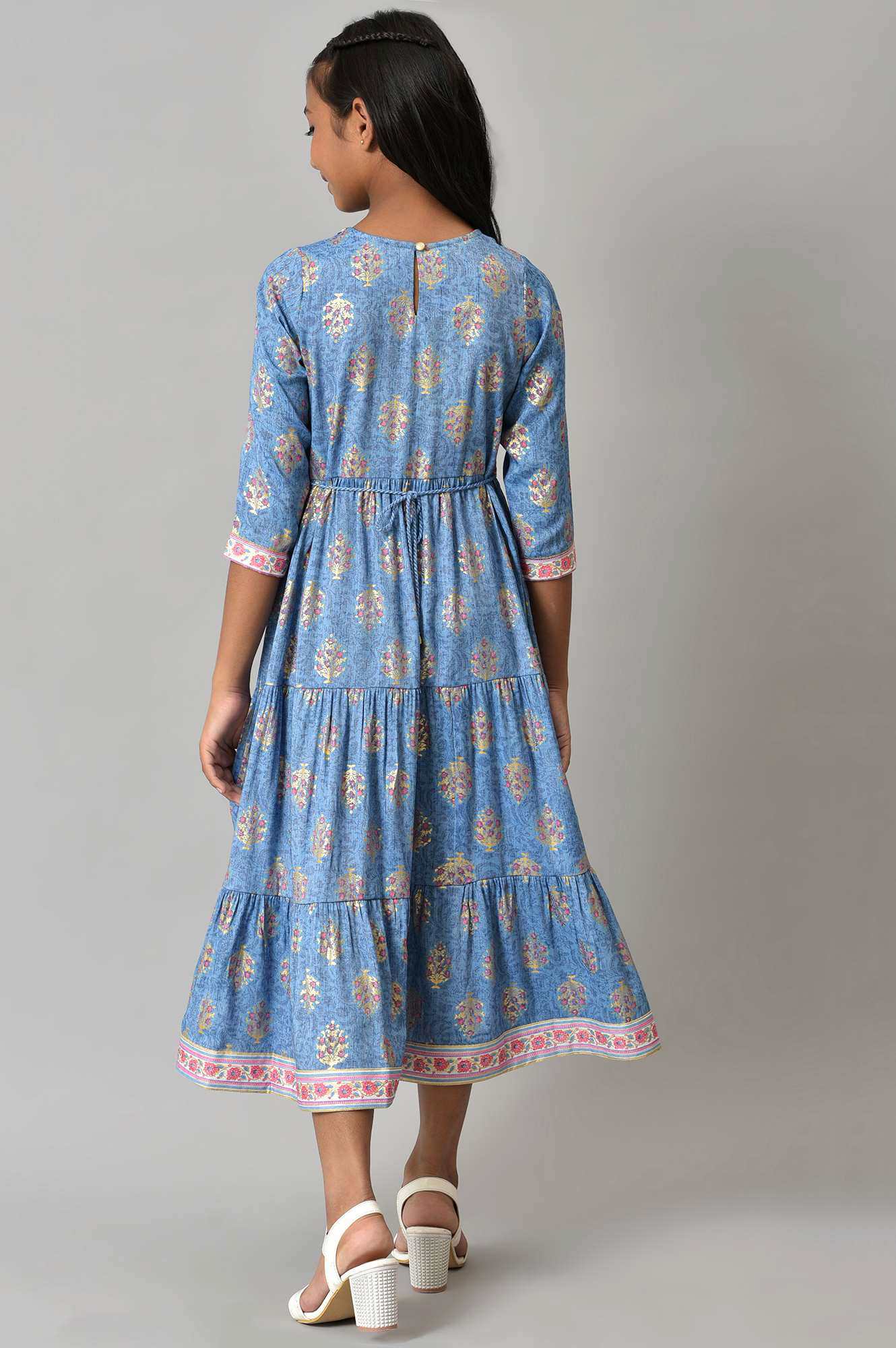 Girls Blue Floral Printed Flared Dress