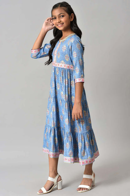 Girls Blue Floral Printed Flared Dress