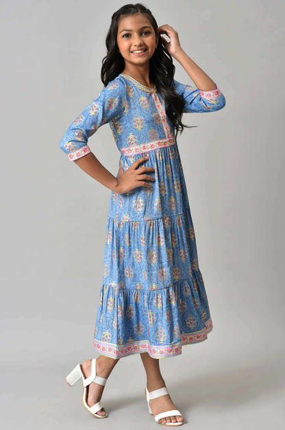 Girls Blue Floral Printed Flared Dress