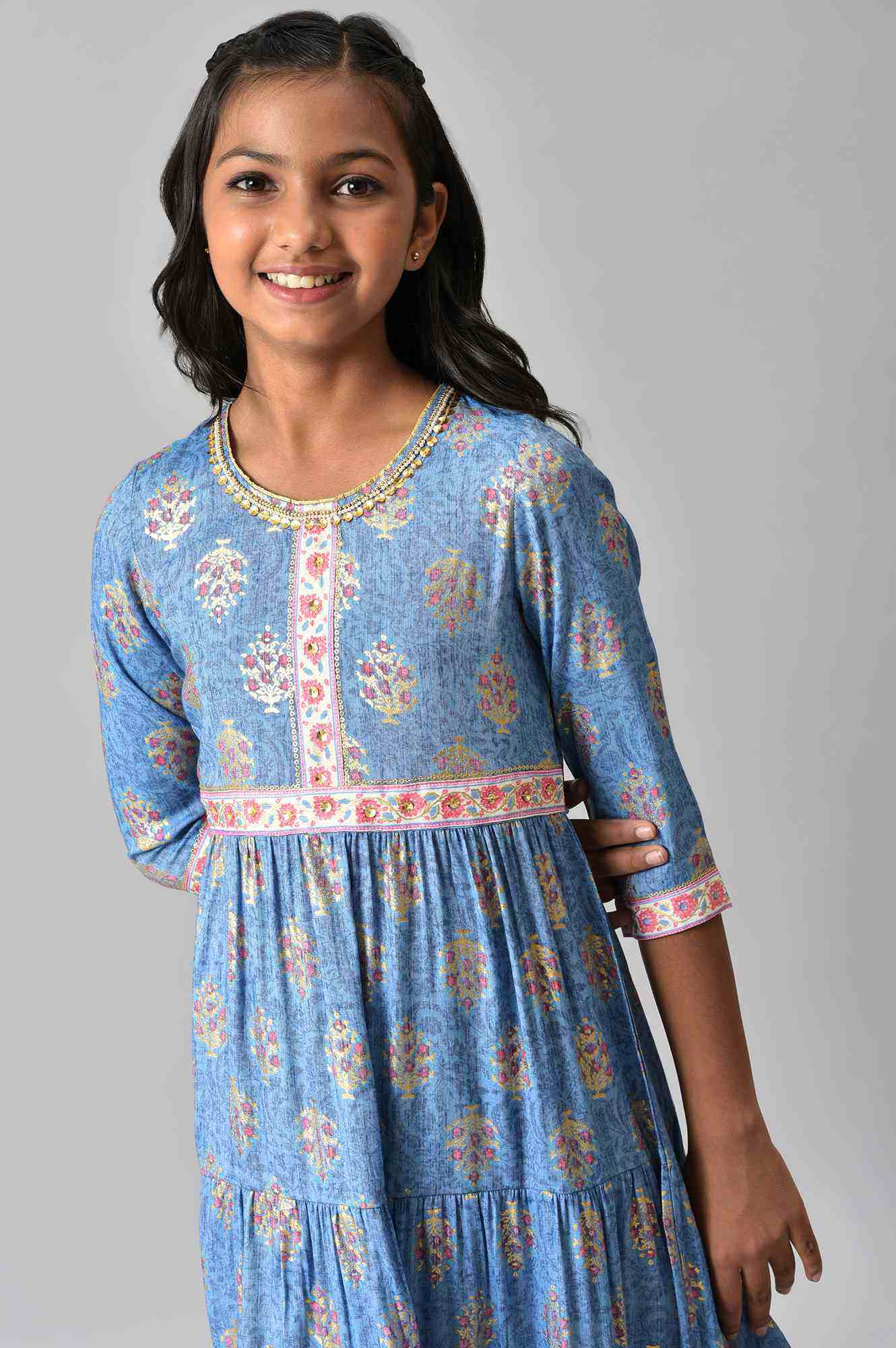 Girls Blue Floral Printed Flared Dress