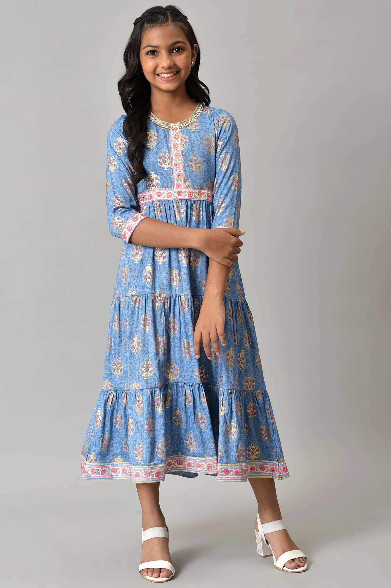 Girls Blue Floral Printed Flared Dress