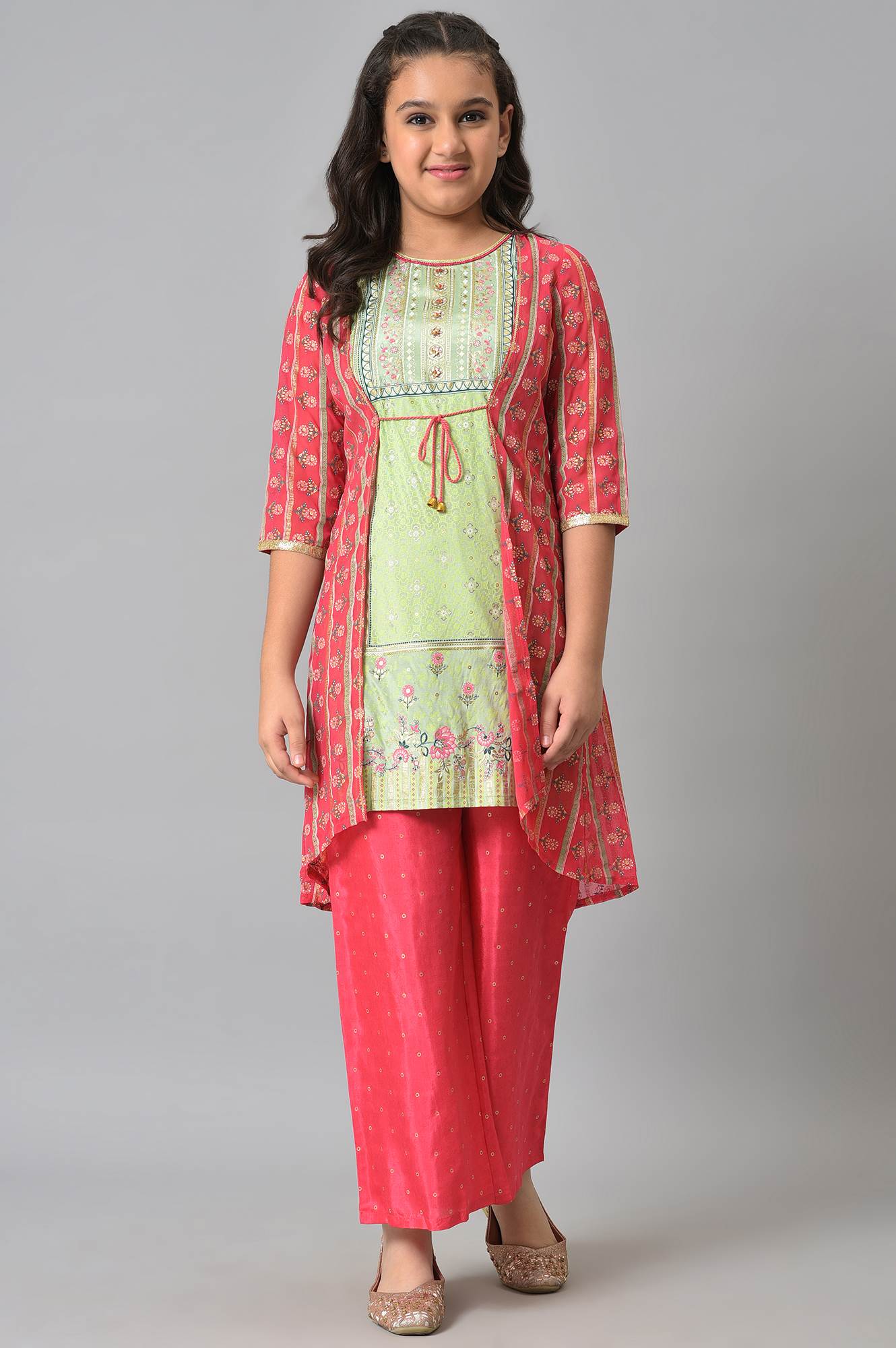 Girls LIVA Pink Printed Gillet with Green Inner kurta and Pink Trousers Set