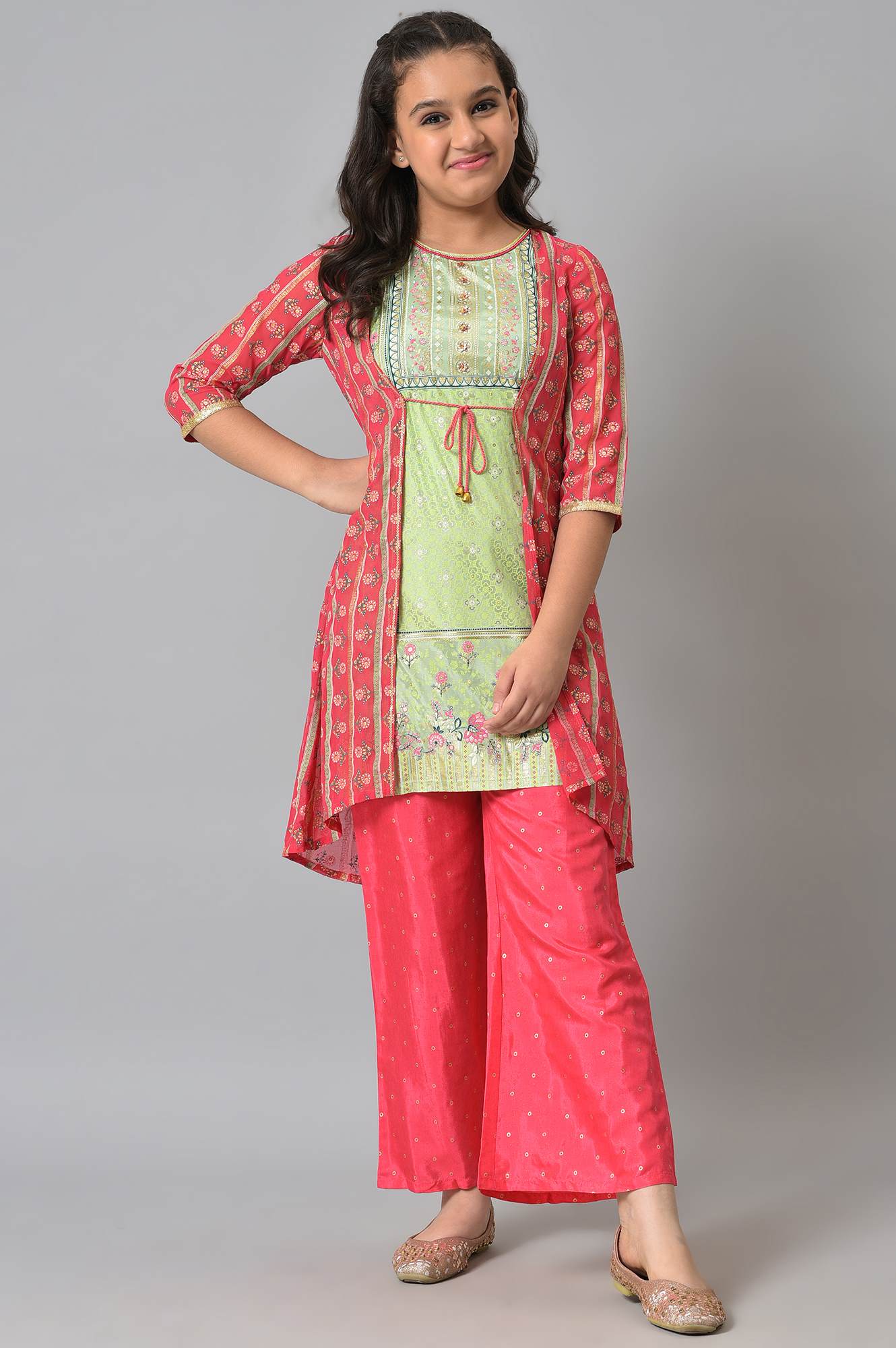 Girls LIVA Pink Printed Gillet with Green Inner kurta and Pink Trousers Set