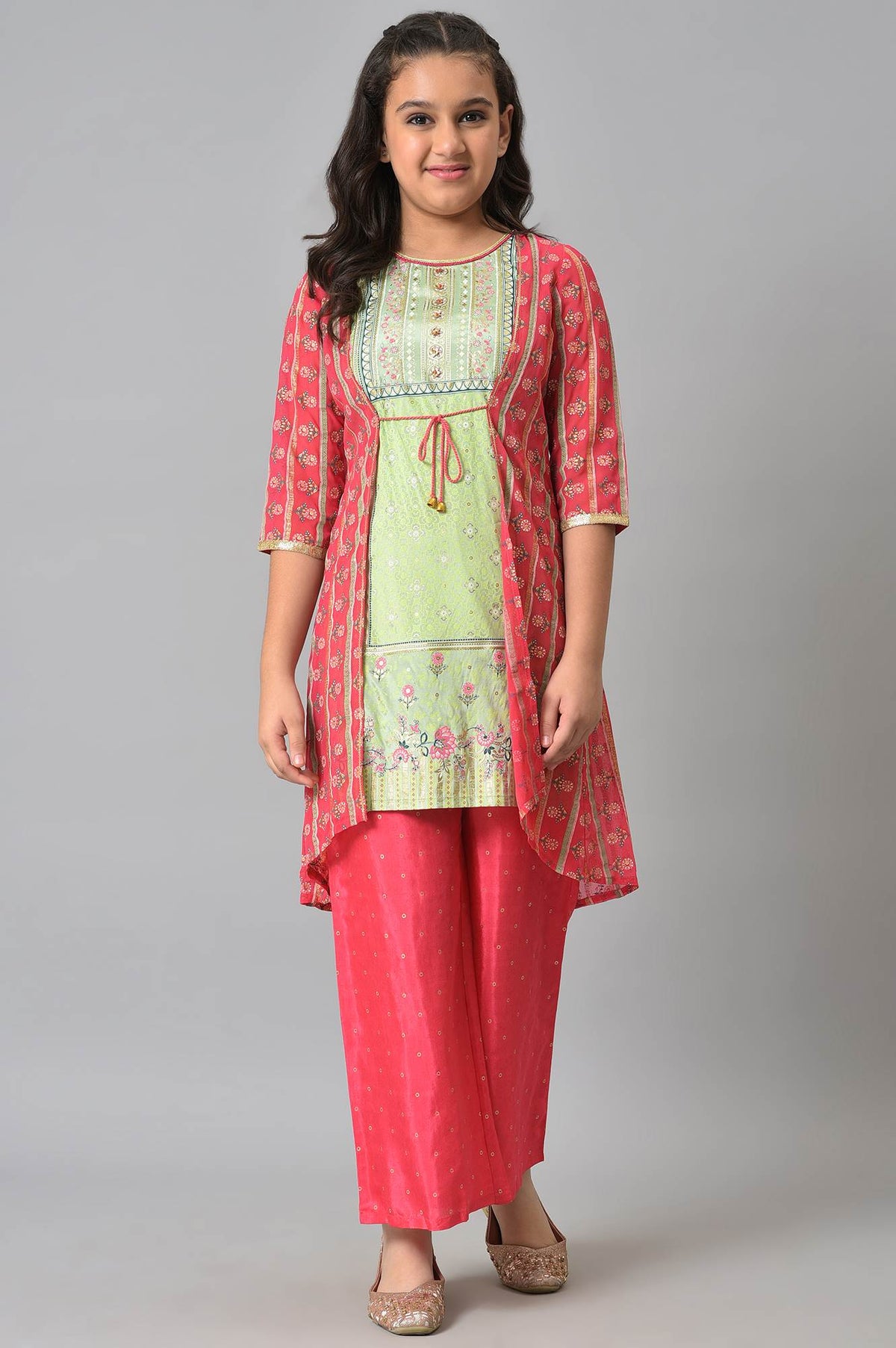 Girls LIVA Pink Printed Gillet with Green Inner kurta and Pink Trousers Set - 08-09