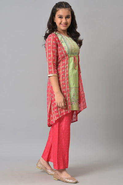 Girls LIVA Pink Printed Gillet with Green Inner kurta and Pink Trousers Set