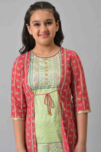 Girls LIVA Pink Printed Gillet with Green Inner kurta and Pink Trousers Set