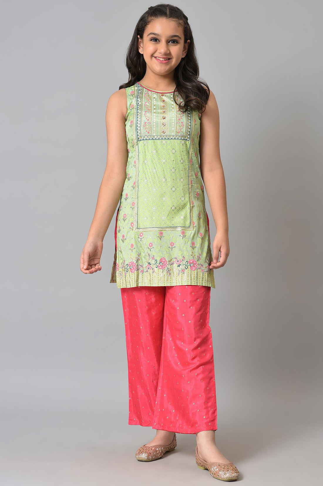 Girls LIVA Pink Printed Gillet with Green Inner kurta and Pink Trousers Set