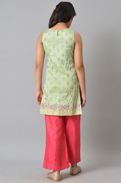 Girls LIVA Pink Printed Gillet with Green Inner kurta and Pink Trousers Set